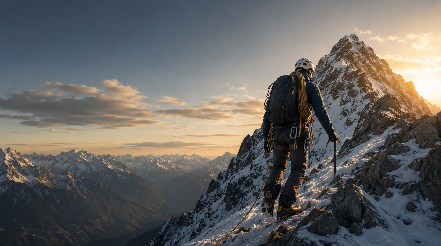 Ein Bergsteiger mit Helm, Seil und Eispickel steigt im Morgenlicht über einen verschneiten Grat; der Gipfel liegt noch vor ihm.